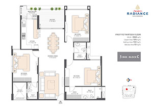 3 BHK apartment floor plan
