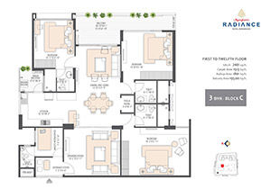 3 BHK apartment key floor plan