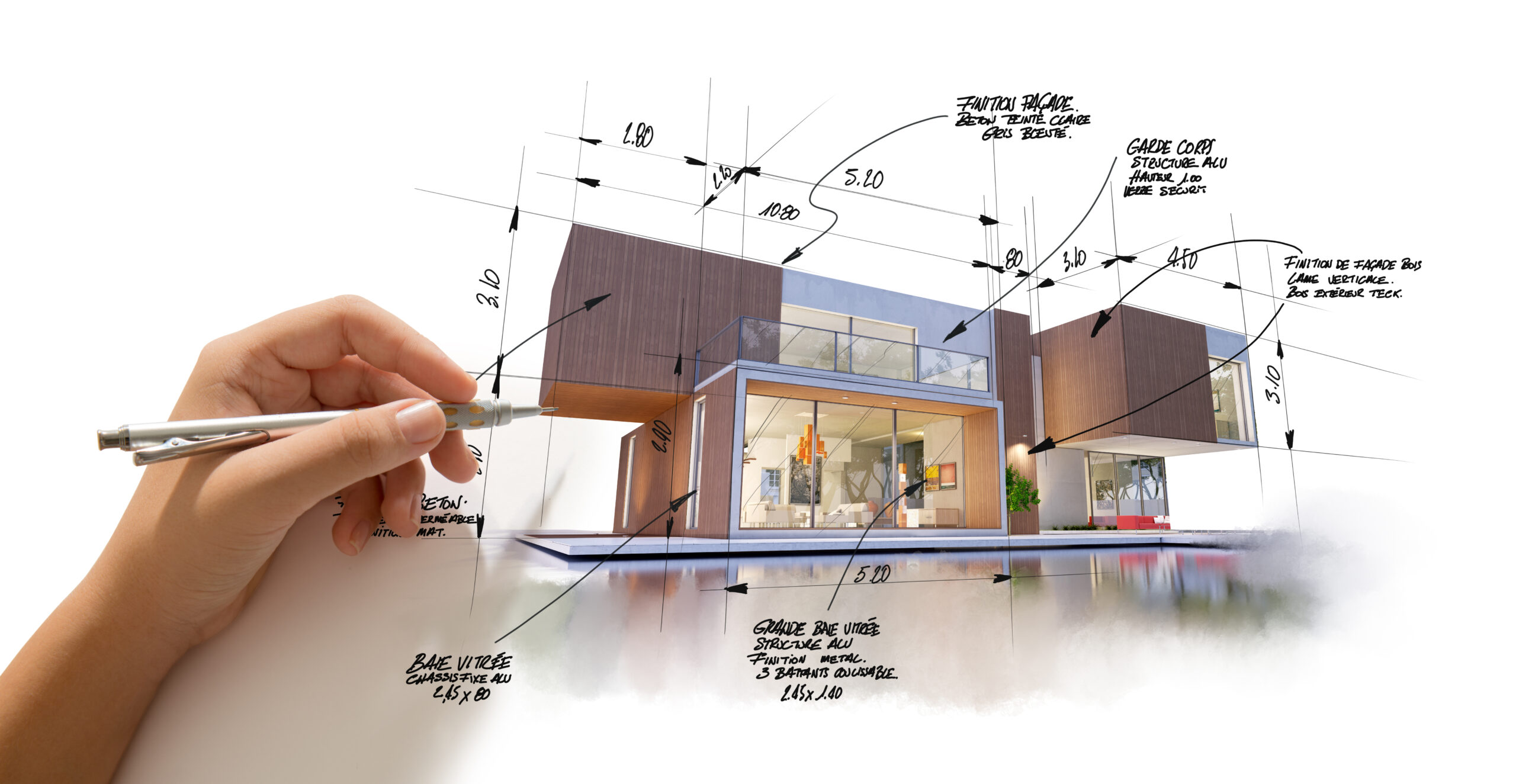 3D rendering of a modern  high end architecture project with a hand sketching and drafting